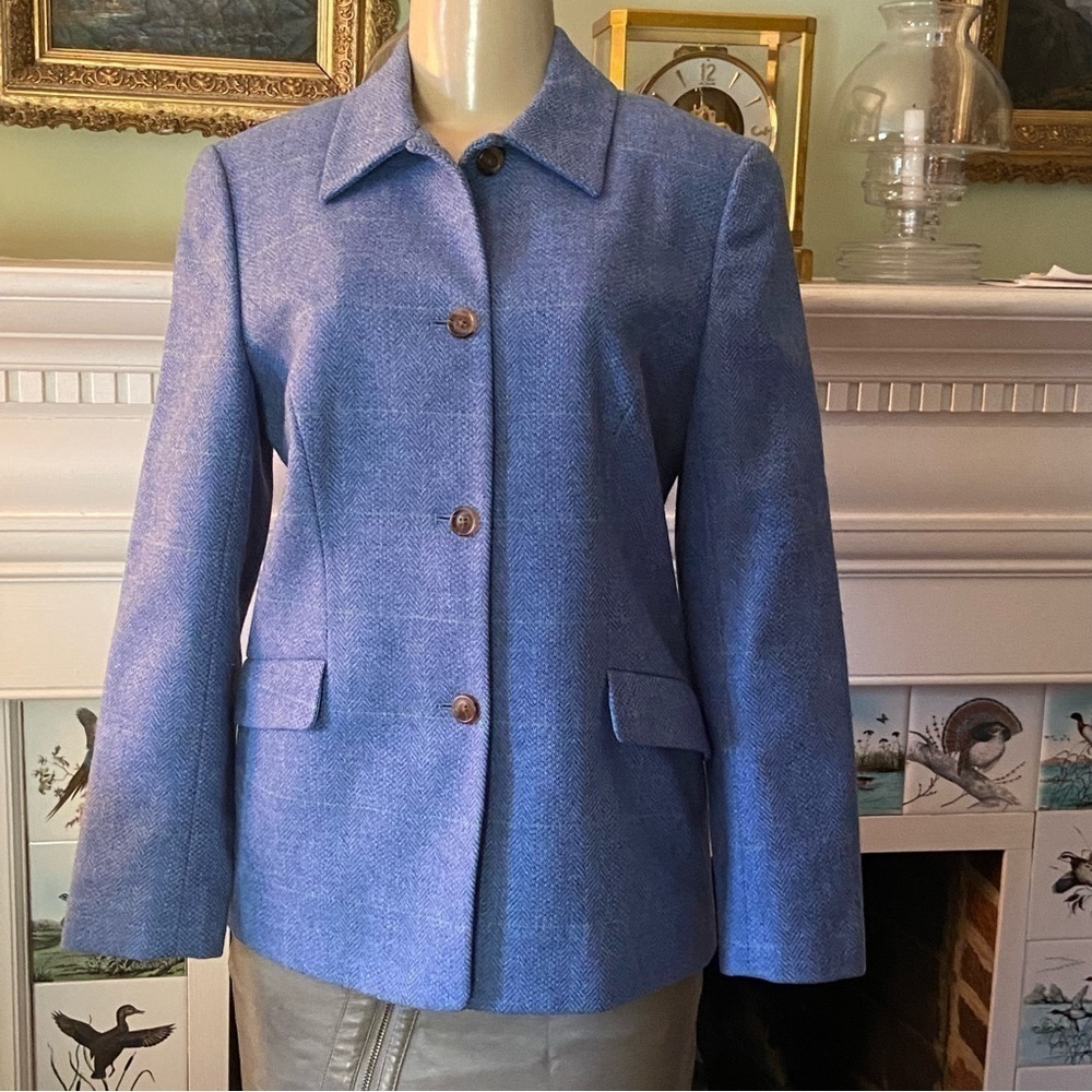 Lands End tailored jacket In periwinkle with delicate Green plaid. Beautiful.
